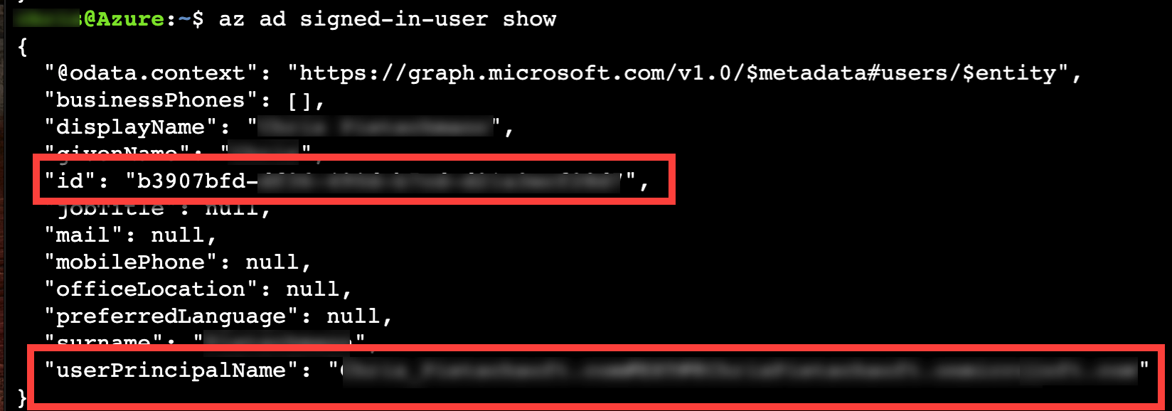 Command-line with signed in users Id and Name from Entra ID are highlighted.