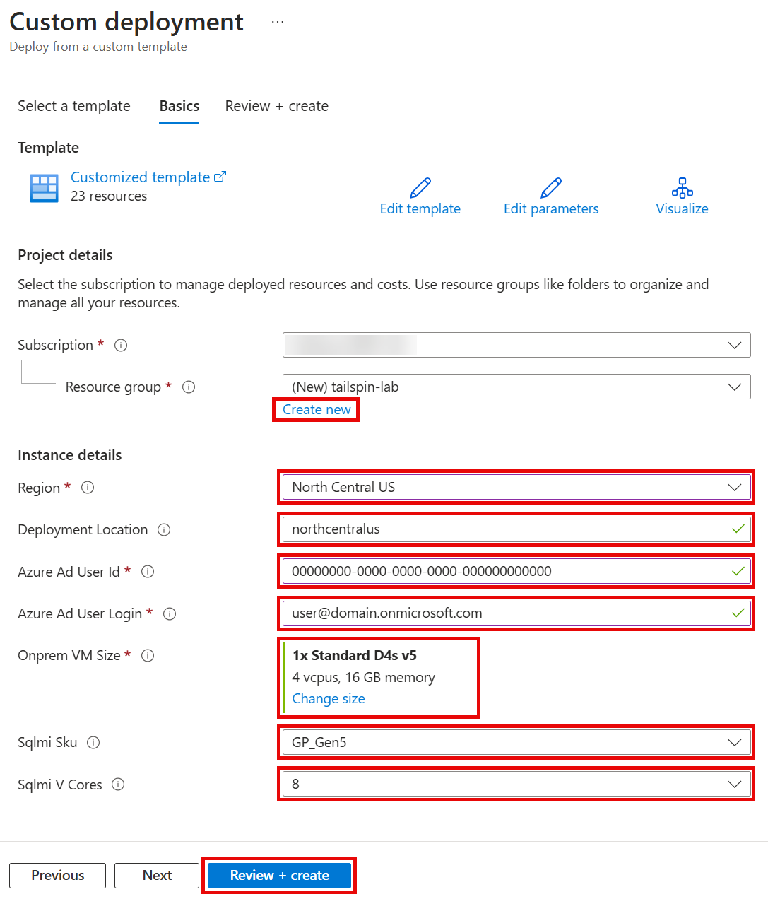 Azure Portal Create a new deployment standard window with entries to add all options needed to deploy the ARM template.