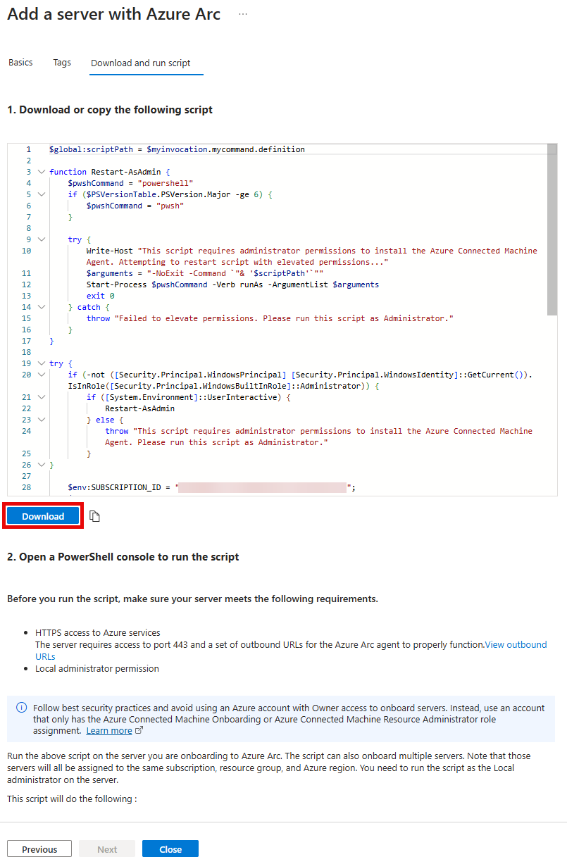 The Download button is highlighted on the Download and run script tab.