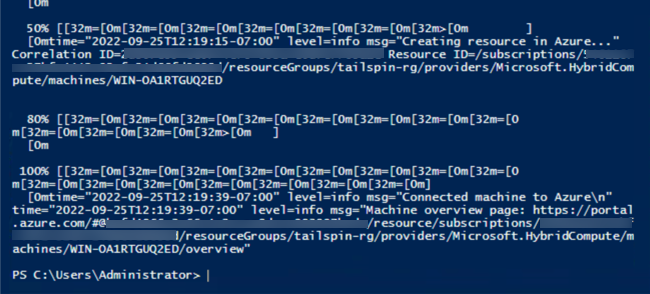 The command line output of the Azure Arc script is shown that includes the Connected machine to Azure message showing the script executed successfully.