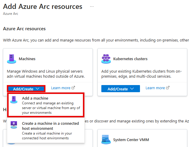 The Azure Arc pane in the Azure Portal is shown navigated to the Infrastructure pane and the Servers Add button is highlighted.