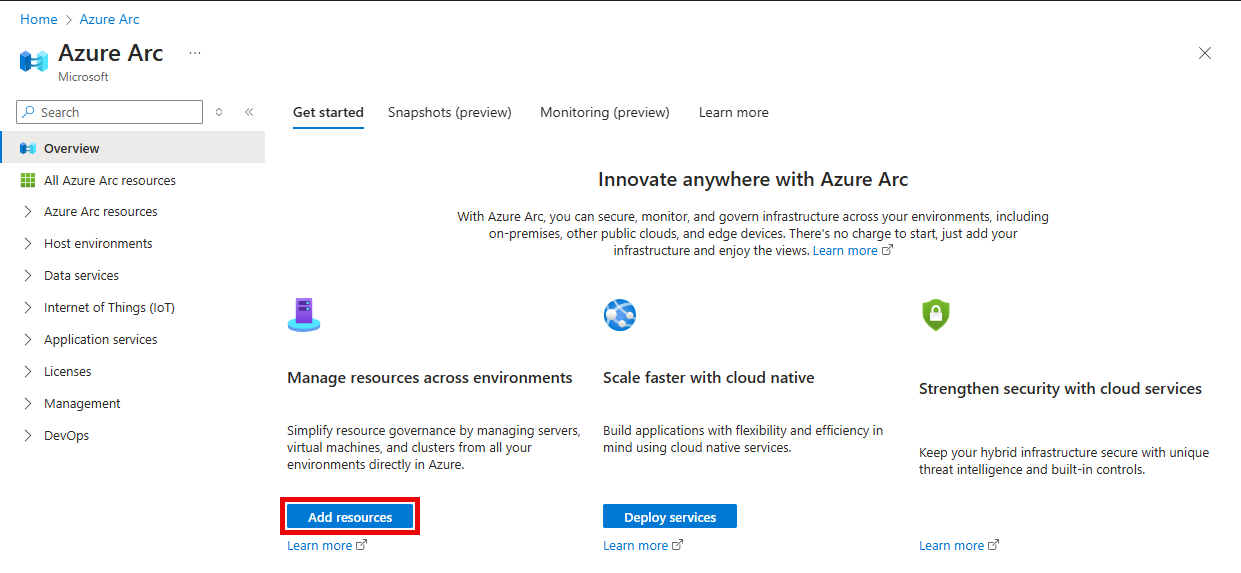 The Azure Arc page in the Azure is shown navigated to the Get started pane and the Add resources button is highlighted.