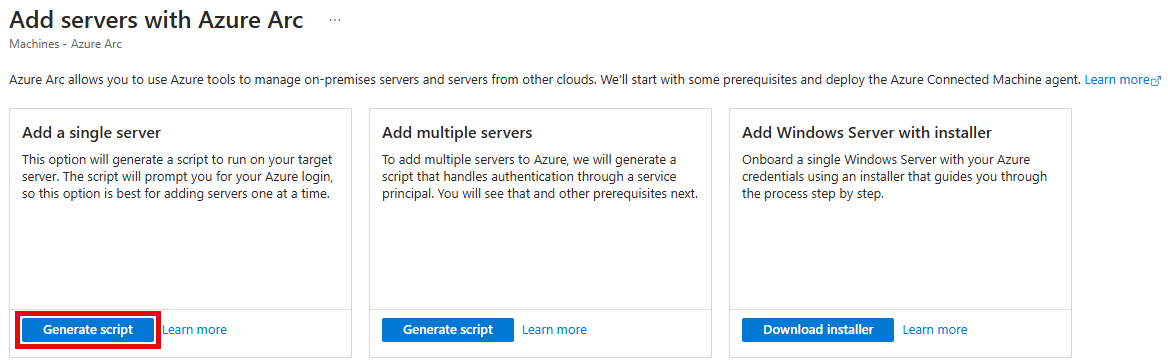 The Add servers with Azure Arc pane is shown with the Generate Script button highlighted for the Add a single server option.