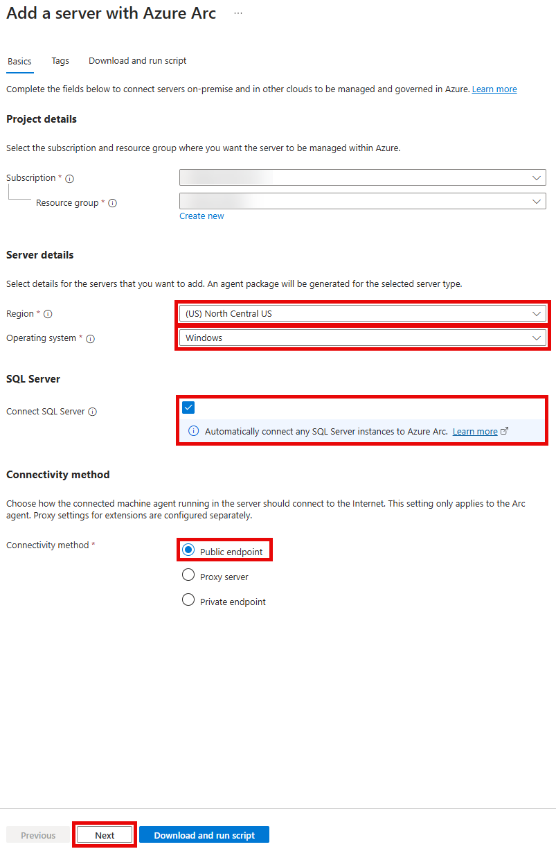 The Resource details tab of the Add a server with Azure Arc pane is displayed with values entered.