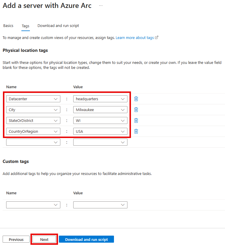 The Tags tab of the Add a server with Azure Arc pane is shown with the tag values entered.