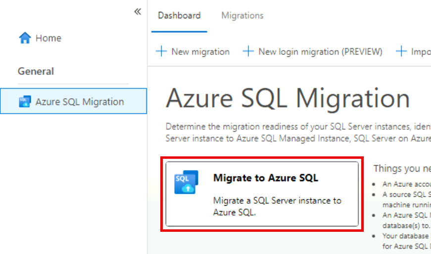 The Azure SQL Migration pane is shown with the Migrate to Azure SQL button highlighted.