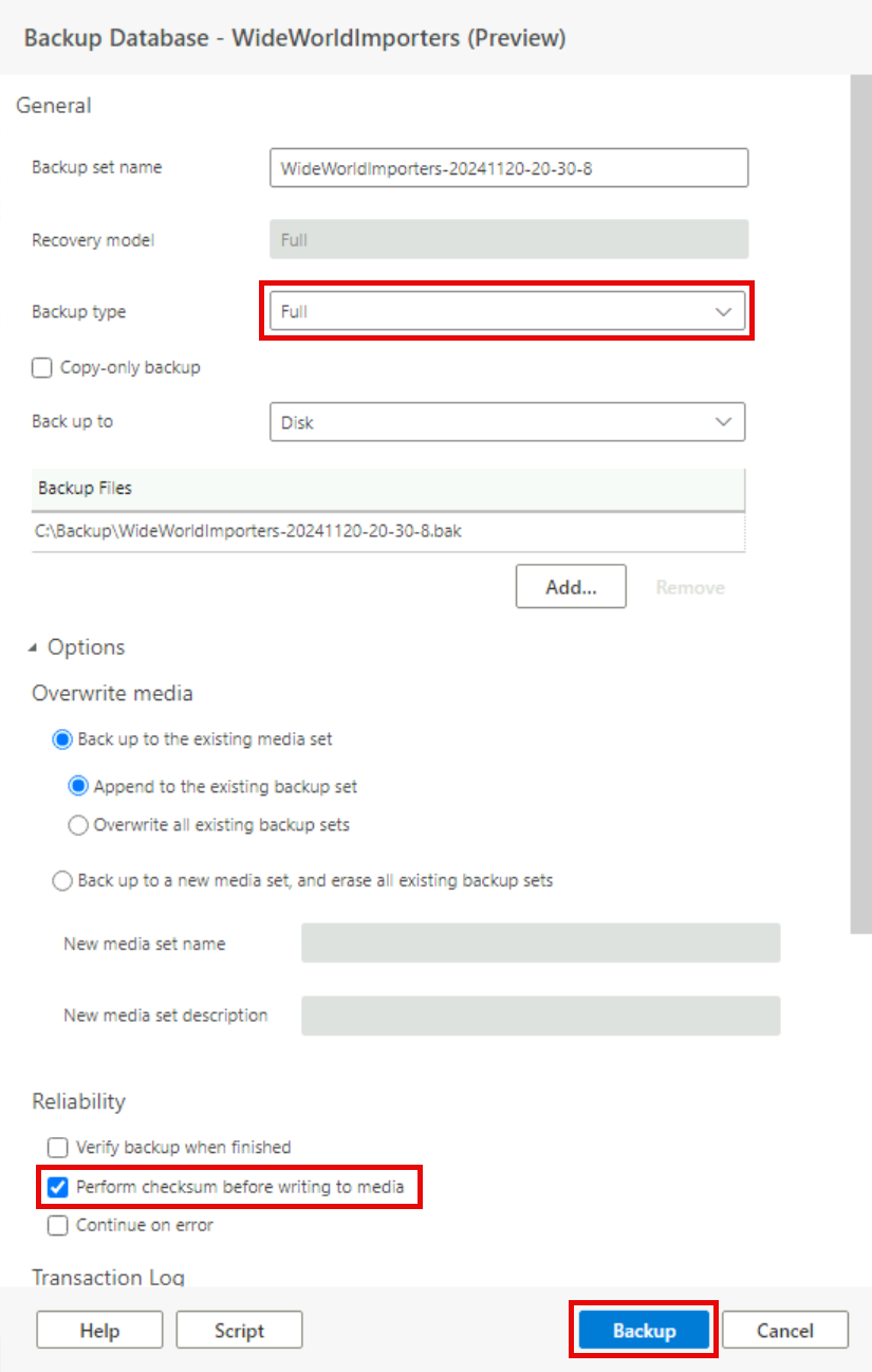 The Backup database dialog box is shown with the Backup type set to Full and the Reliability set as desired.