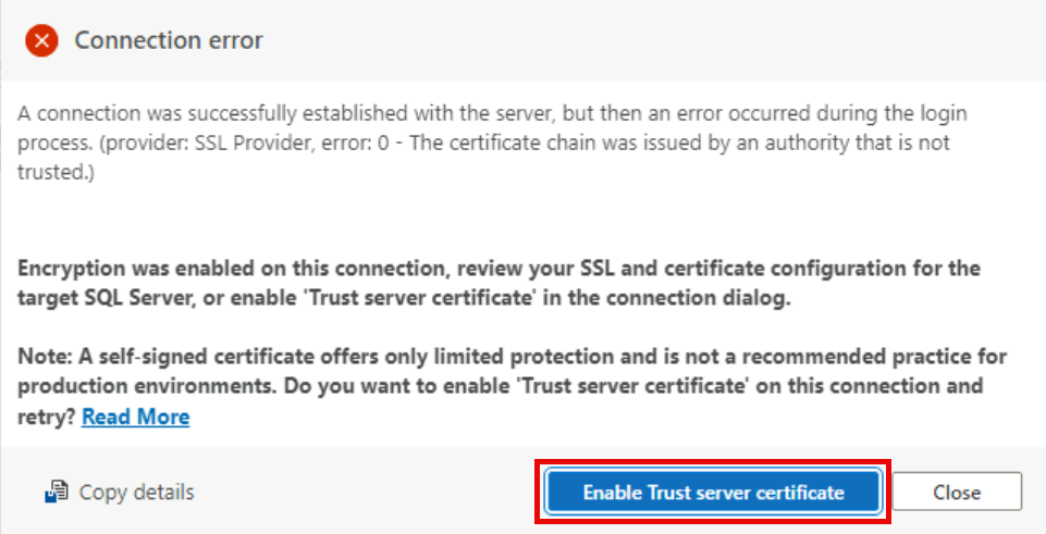 The Connection error popup is shown.