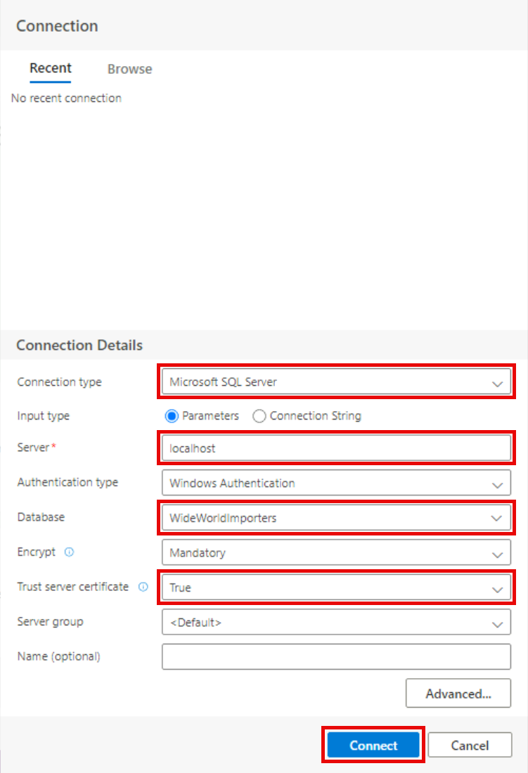 The Connection Details pane is shown with values entered and fields highlighted.