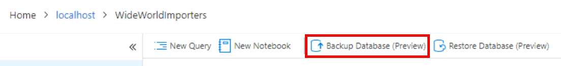 The Manage page for the database is shown with the Backup button highlighted.