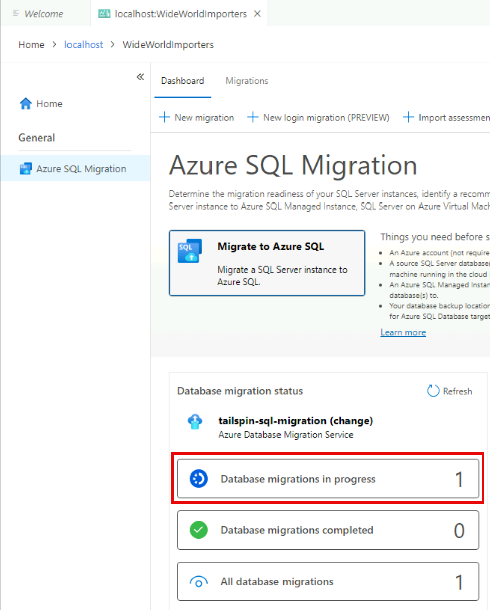 The Azure SQL Migration pane in Azure Data Studio shows there is 1 data migration in progress.