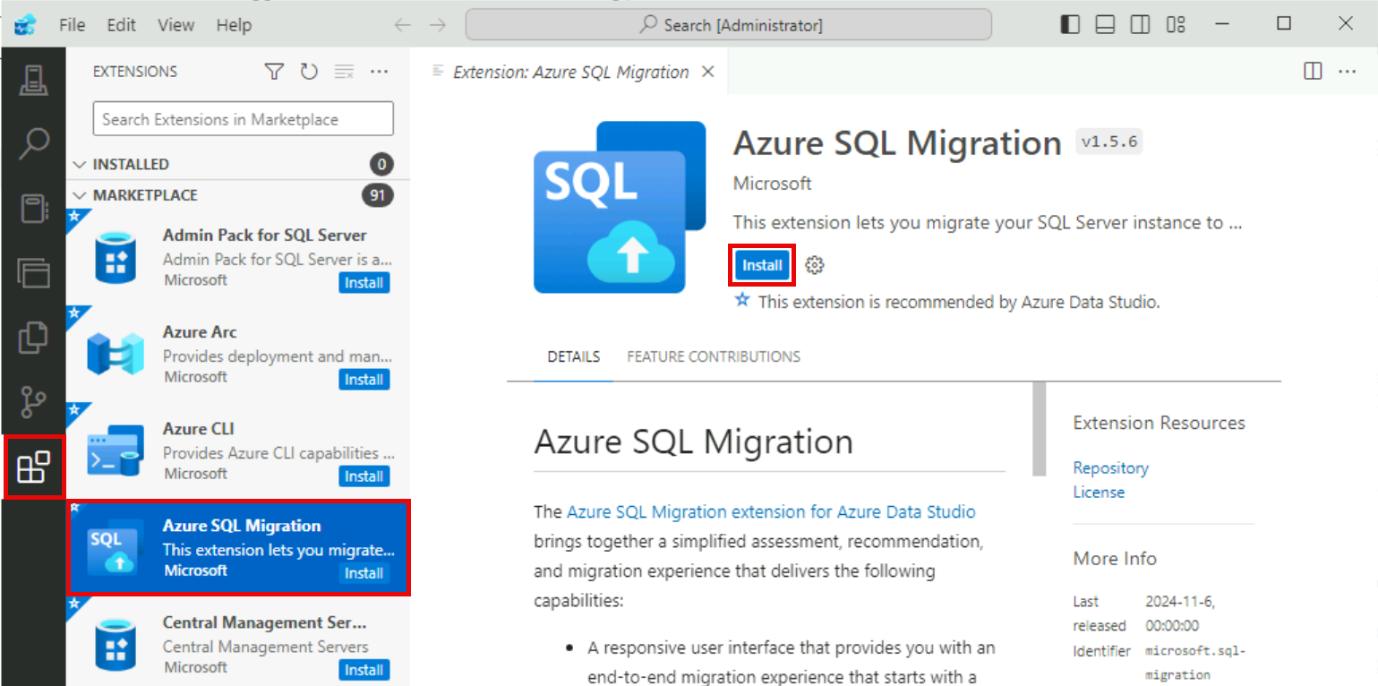 Azure Data Studio is shown displaying the Extensions pane with the Azure SQL Migration extension selected and the Install button is highlighted.