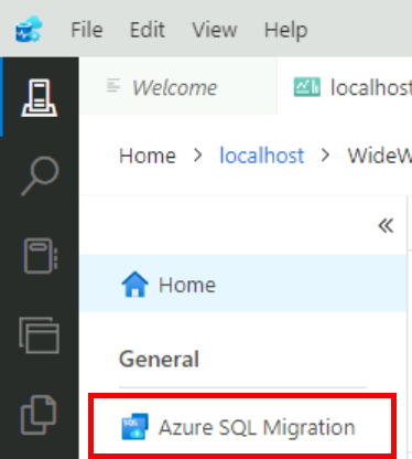 The Manage server pane is shown with the Azure SQL Migration option highlighted.