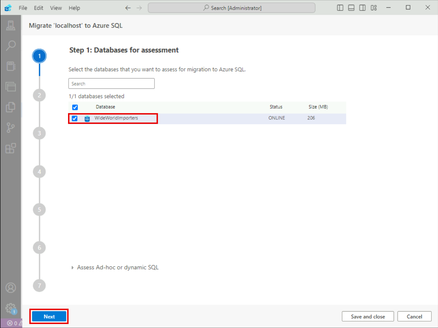 Step 1 Database for assessment step is shown with the WideWorldImporters database selected for assessment.
