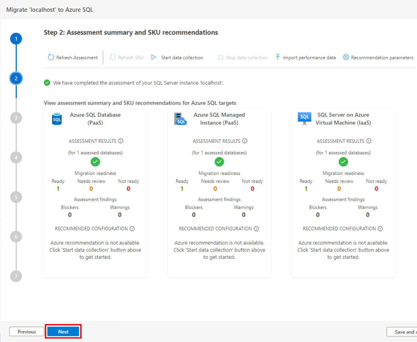 Step 2 Assessment summary and SKU recommendations are shown.