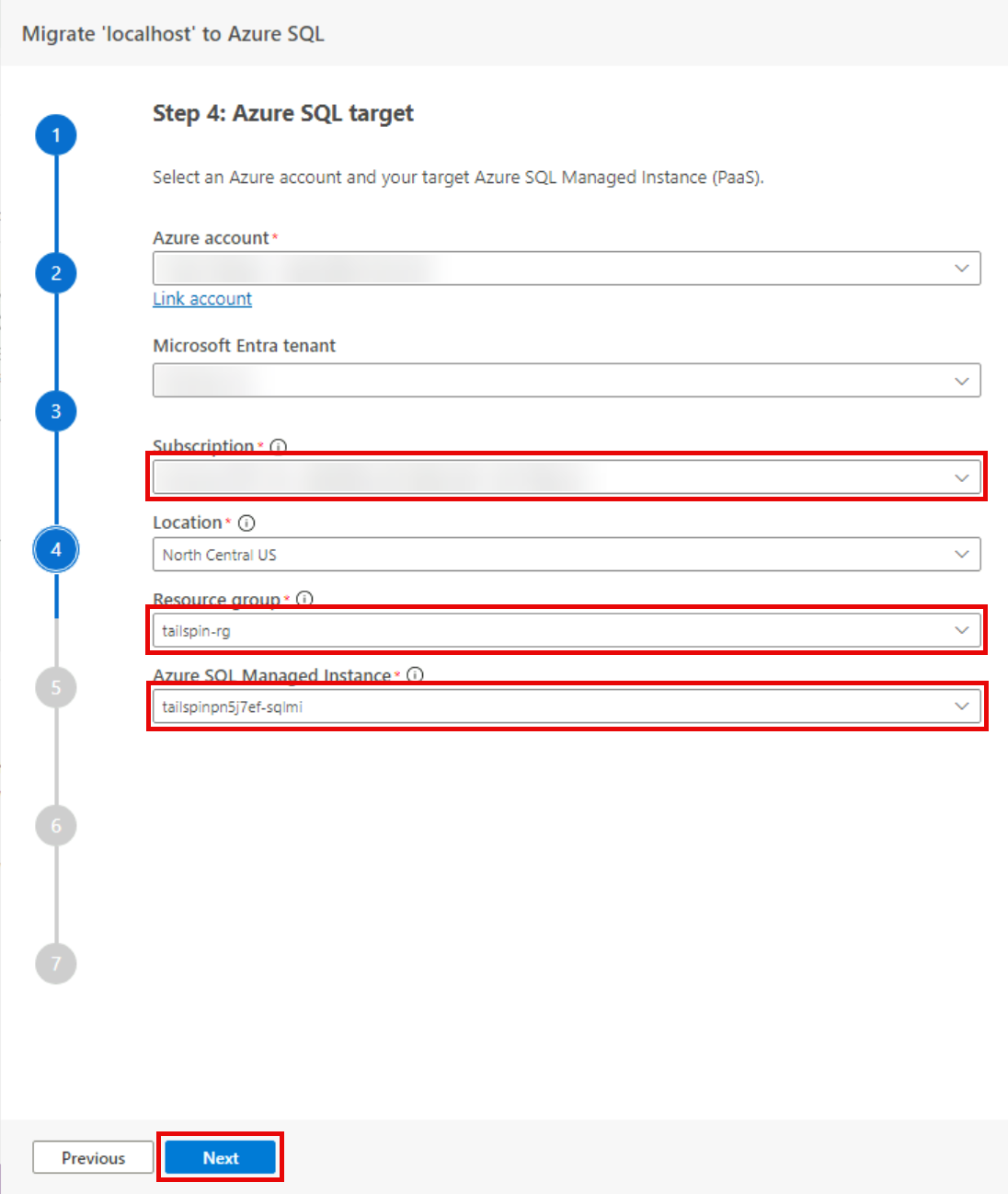Step 4 Azure SQL target is shown with the Azure account entered and the Location, Resource group, and Azure SQL Managed Instance resource selected as the target for the migration.