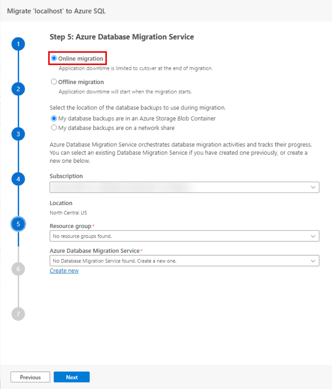 Step 5 Migration mode is shown with the Online migration option selected.
