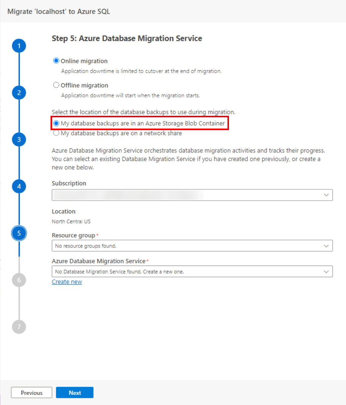 Step 5 Database backup is shown with the 'My database backups are in an Azure Storage Blob Container' option selected, with the Storage account and sql-backup container selected for the location of the source database.