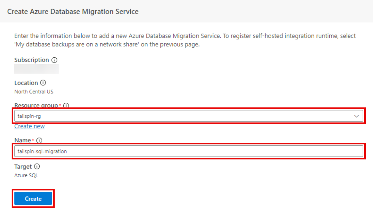 Step 5 The Create Database Migration Service dialog is shown with Resource Group and Name for the Azure Database Migration Service to create entered.
