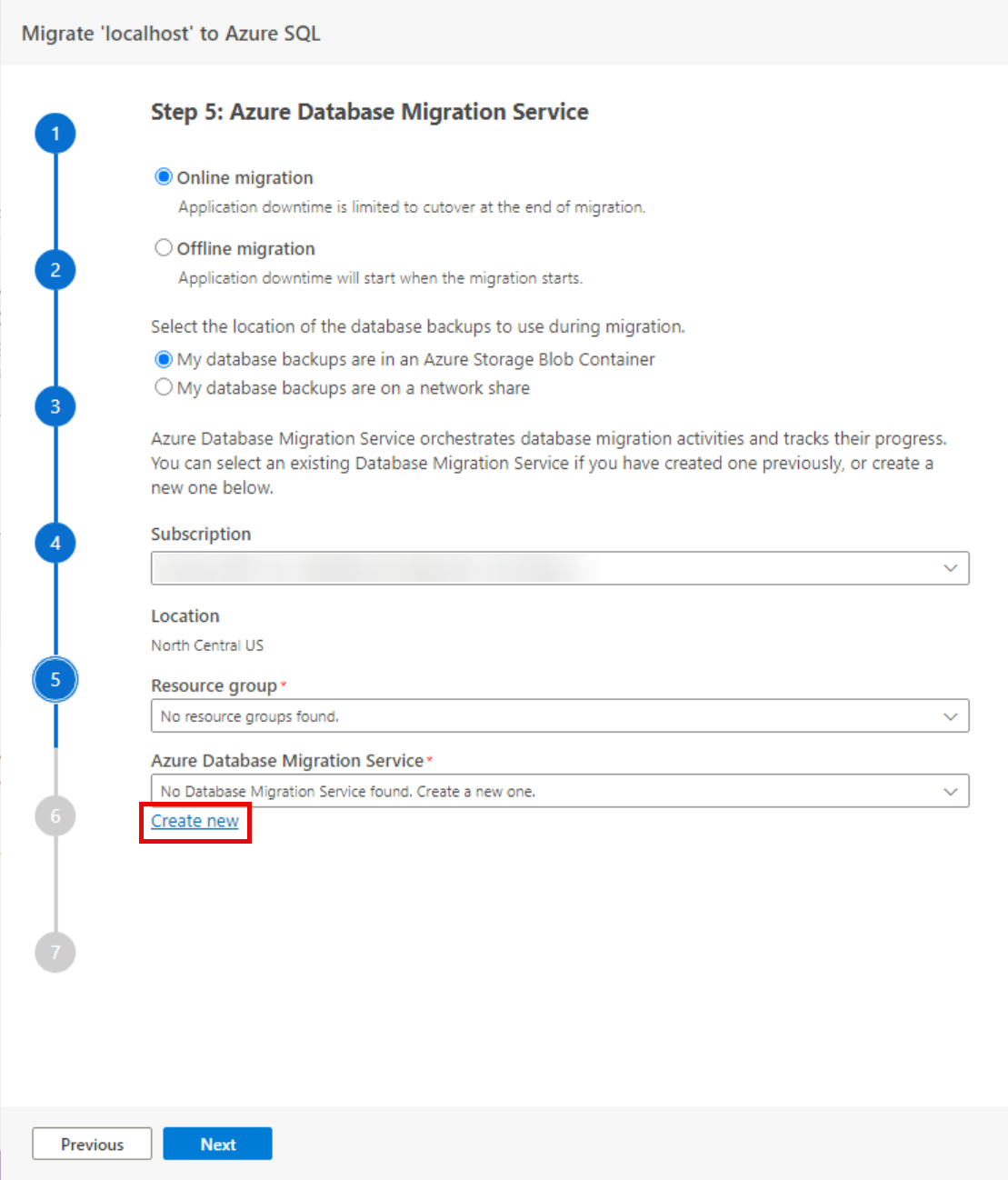Step 5 Azure Database Migration Service is shown with the Create new link under Azure Database Migration Service highlighted.