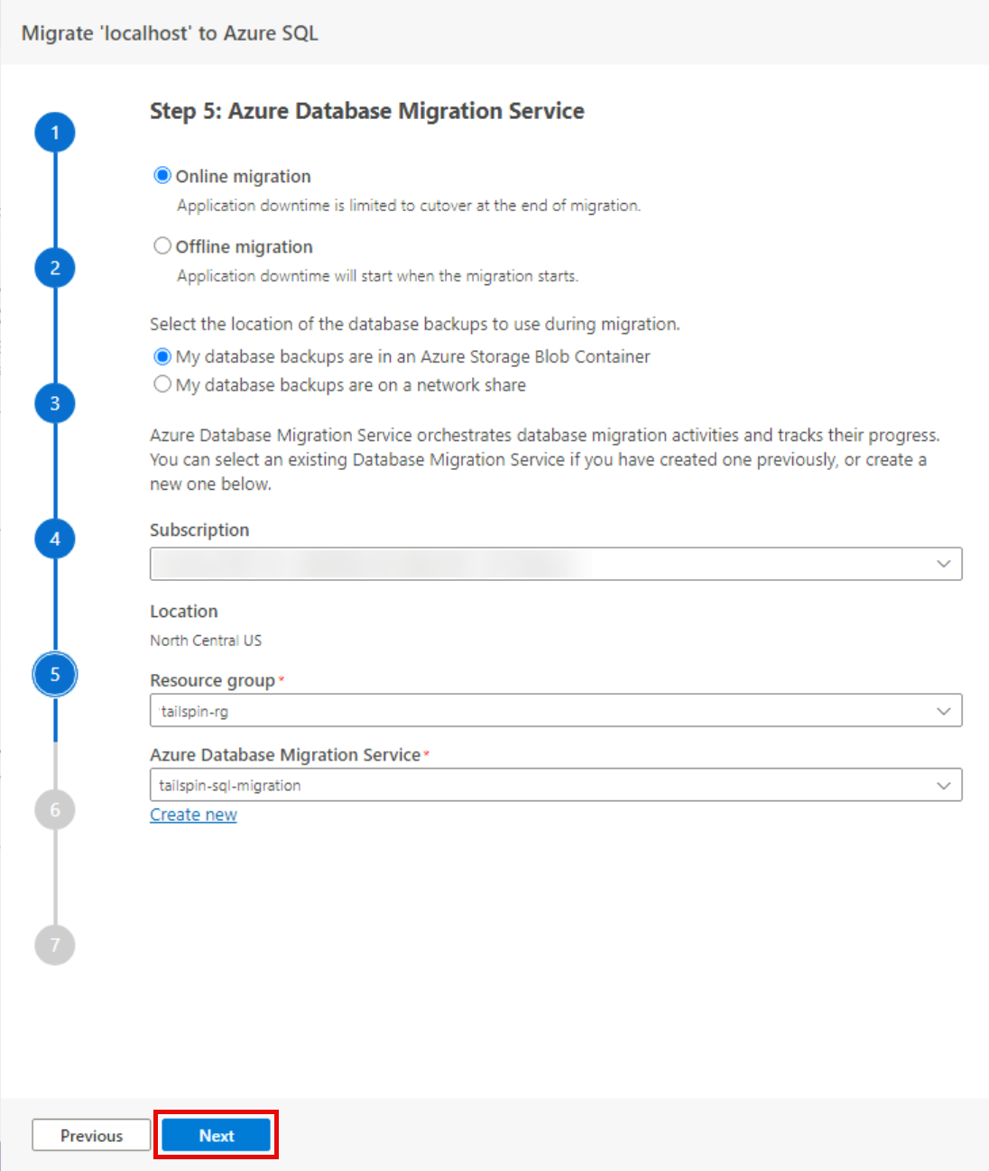 Step 5 Azure Database Migration Service is shown with the Azure Database Migration Service field now entered.