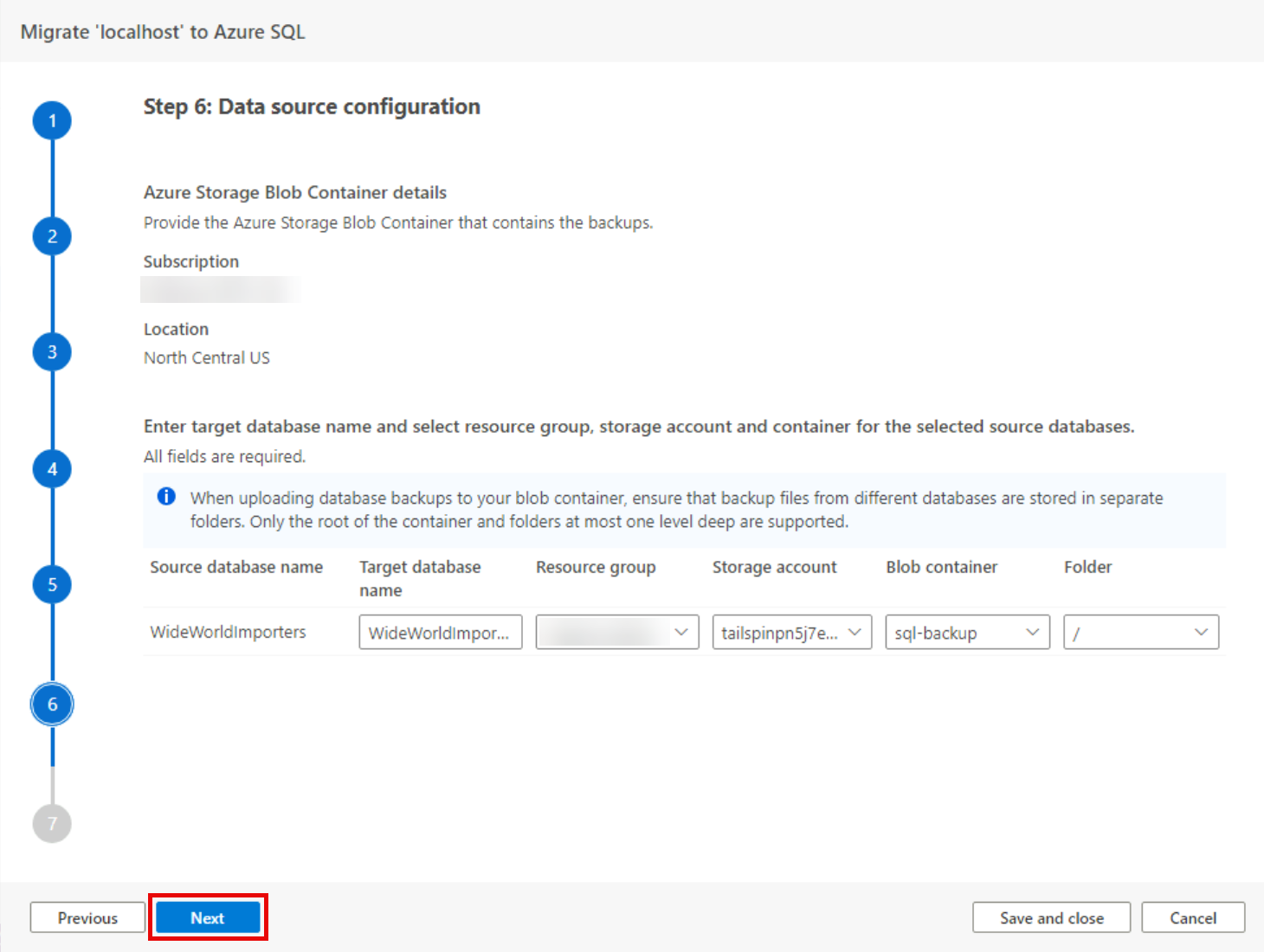 Step 6 Data source configuration is shown to select the storage account.