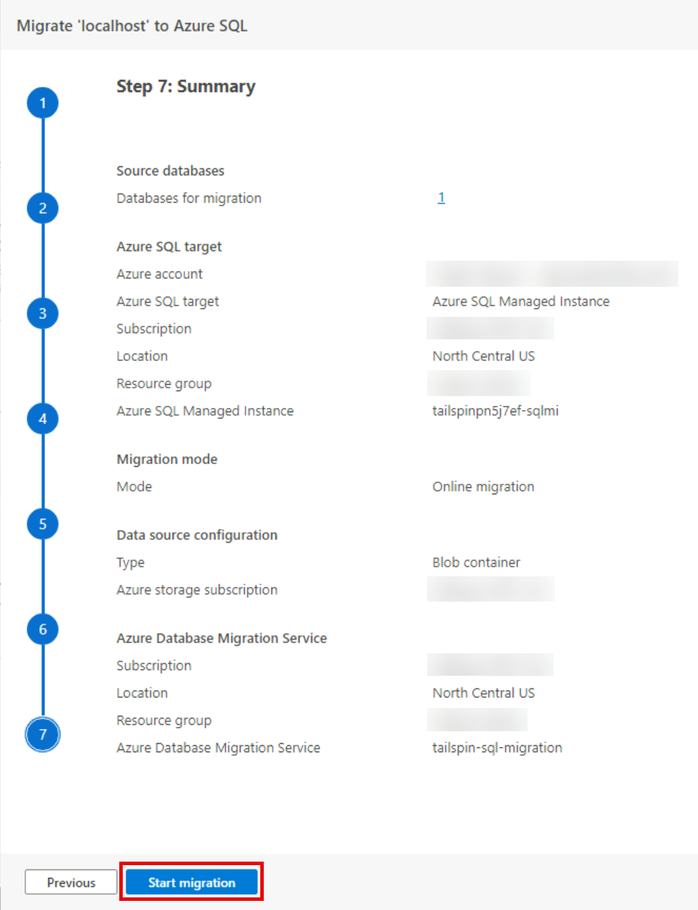 Step 7 Summary is shown with all the selected values displayed for review.