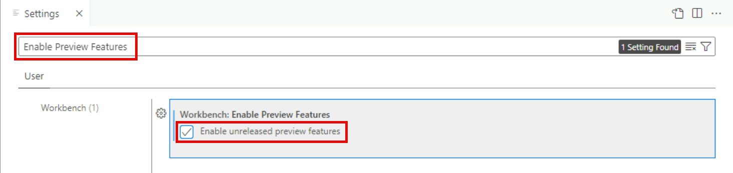 The Settings pane is shown with search results for Enable Preview Features showing the Enable unreleased preview features option selected.