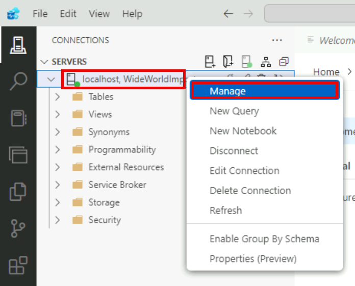The right-click menu for the 'localhost, WideWorldImporters' server is shown with the Manage option highlighted.