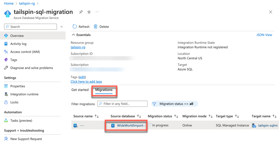 The Azure Database Migration Service is shown within the Azure Portal displaying the new database migration in the list of Migrations.