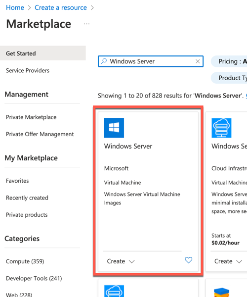 Windows Server is highlighted within the Azure Marketplace search results.