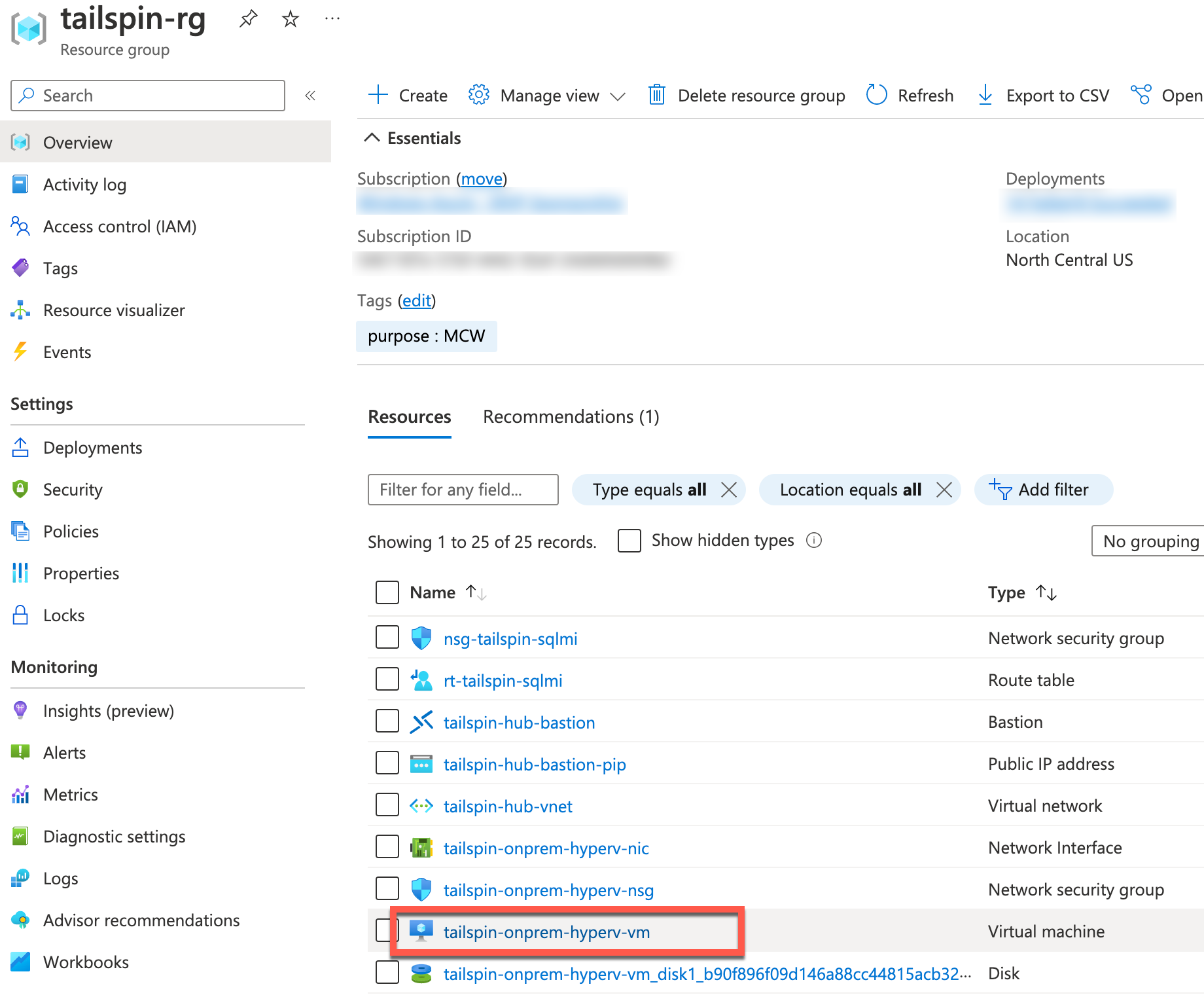 The resource group for the lab is shown with the simulated on-premises Hyper-V Host VM highlighted in the resource list.