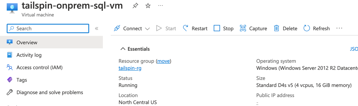 The Virtual machine pane for the Simulated on-premises SQL Server VM is shown in the Azure Portal.