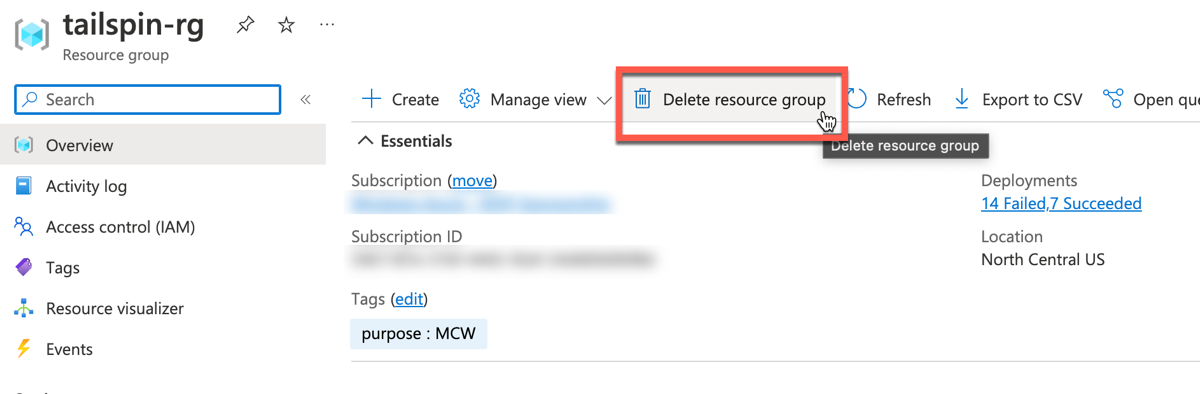 The Resource group pane in the Azure Portal for the resource group for this exercise is shown with the Delete resource group button highlighted.