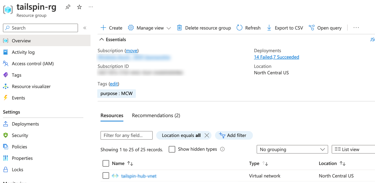 The tailspin-rg Resource group for the lab is shown in the Azure Portal.