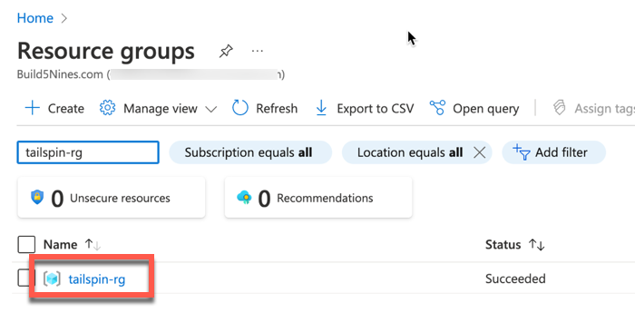 The Azure Portal is showing the list of resource groups in the Azure Subscription with the resource group for this exercise highlighted.
