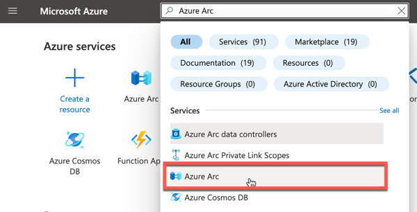 An Azure Portal search is shown showing the results for a search for Azure Arc with the Azure Arc service in the results highlighted.