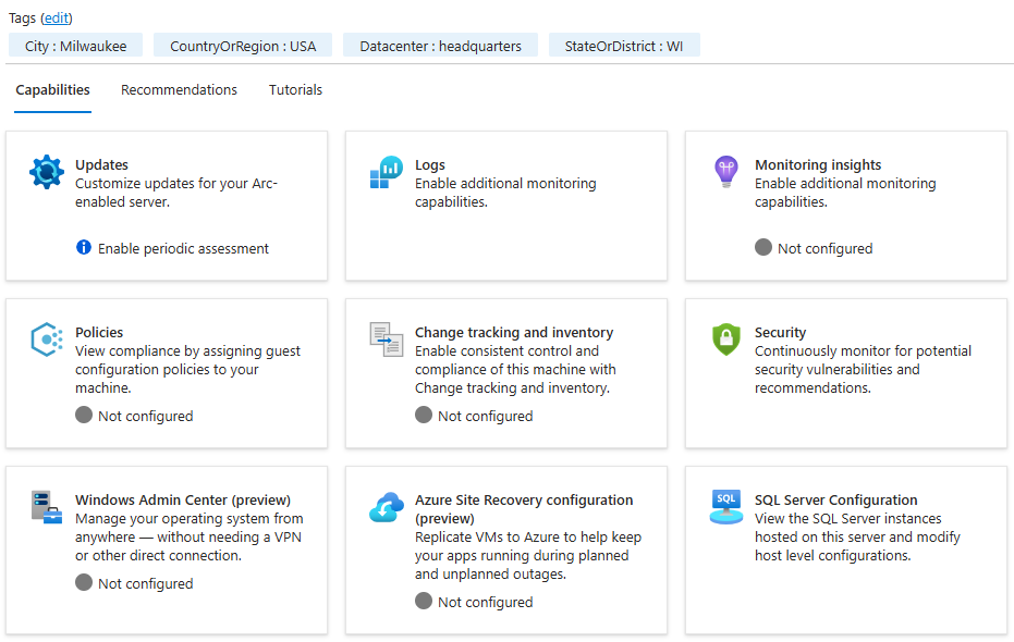 The Capabilities section of the Machine - Azure Arc pane is shown with the list of capabilities to choose from.