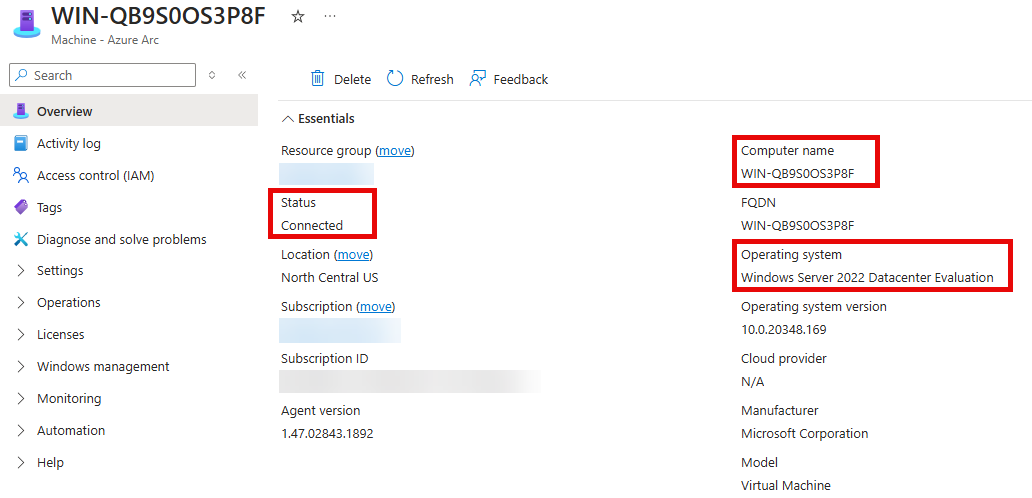 The Machine - Azure Arc pane in the Azure Portal is shown for the on-premises VM with status, computer name, and operating system values highlighted within the Essentials section.