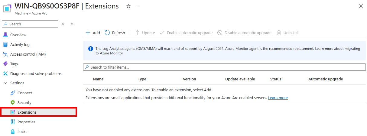 The Extensions pane for the Machine - Azure Arc resource is shown with the Extensions link under Settings highlighted.