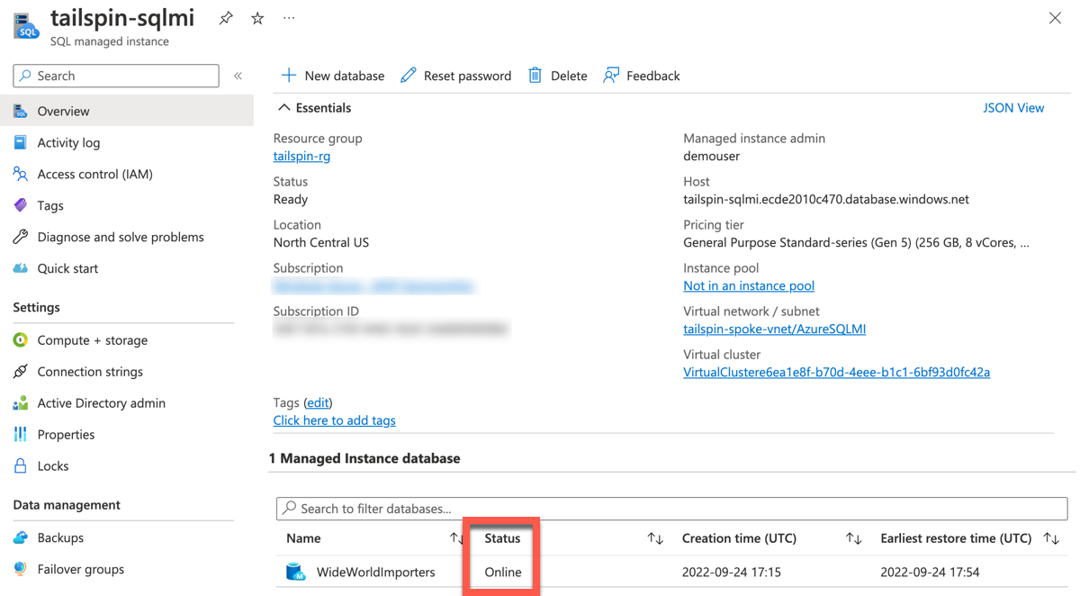 The Azure SQL Managed Instance resource is shown in the Azure Portal with the WideWorldImporters migration showing a Status of Online.