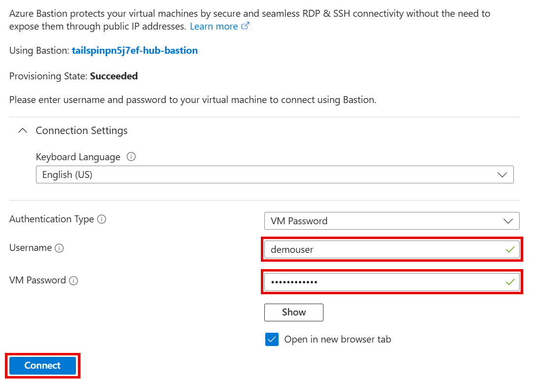 The Bastion pane of the tailspin-onprem-sql-vm Virtual machine is shown with the Username and Password fields entered and highlighted.