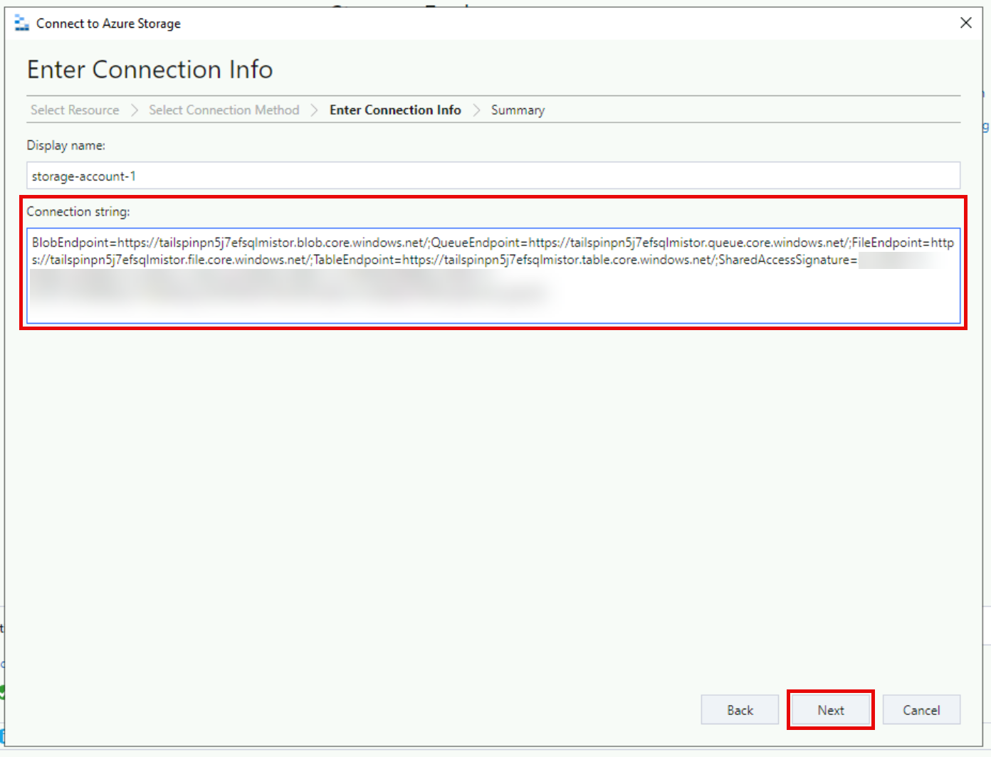 Storage Explorer is displaying the Connect to Azure Storage with Connection Info details.