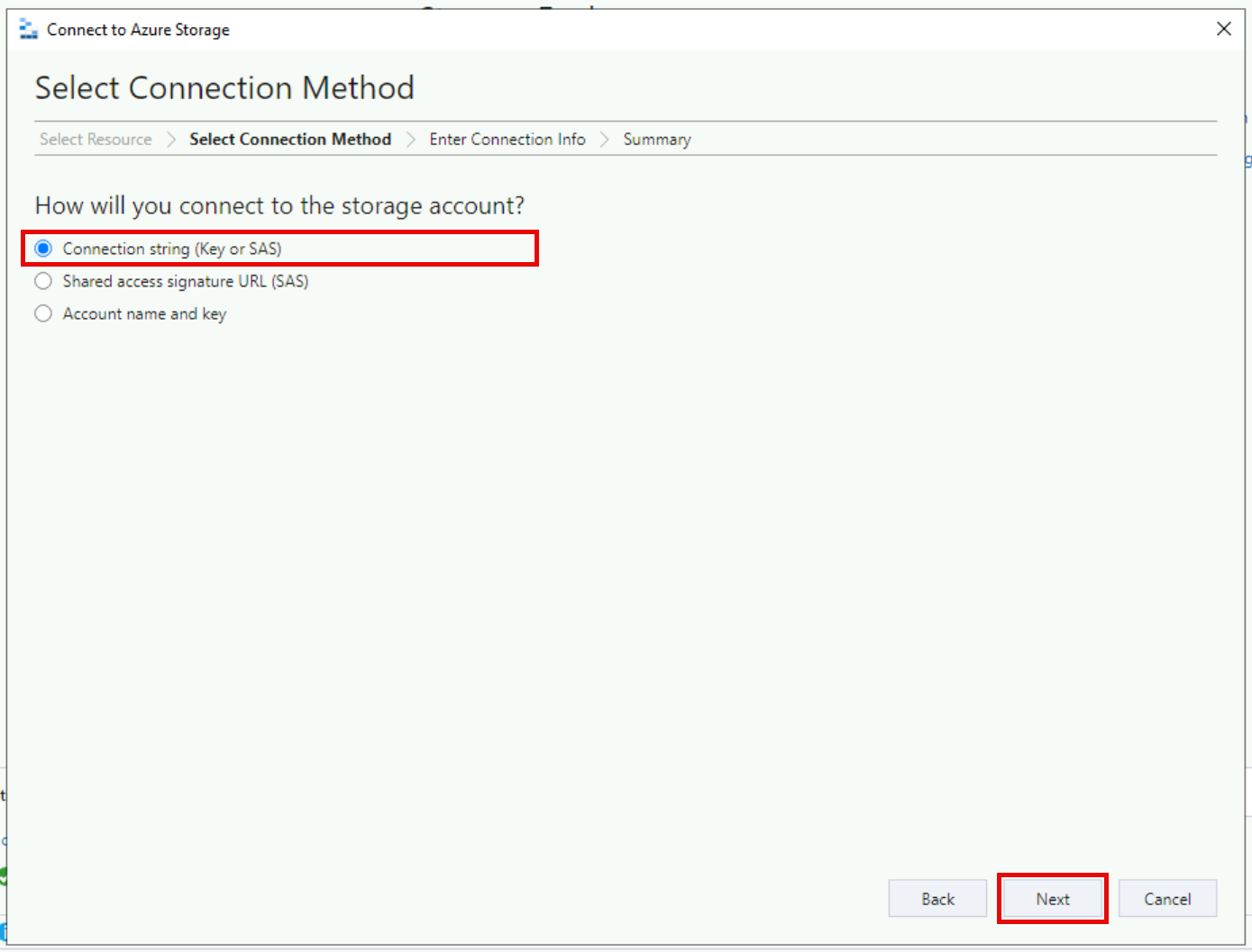 Storage Explorer is displaying the Connect to Azure Storage with Connection string method selected.