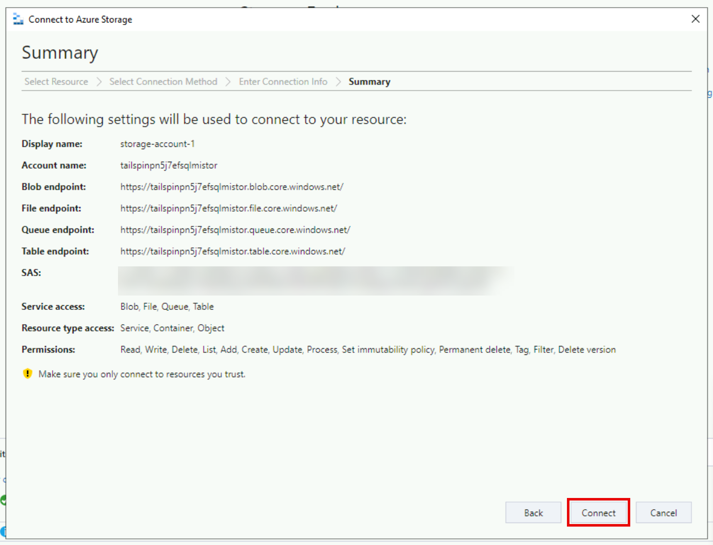 Storage Explorer is displaying the Connect to Azure Storage with entered details.
