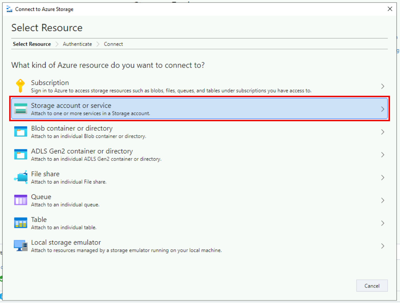 Storage Explorer is displaying the Connect to Azure Storage with Storage account or service kind selected.