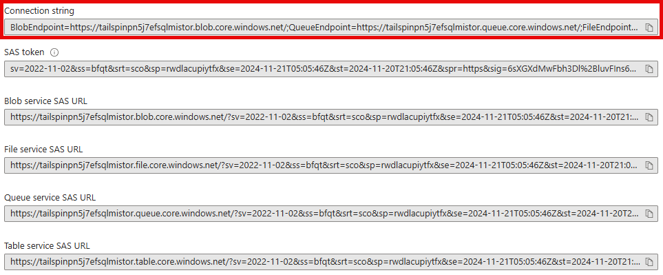 Azure Portal Storage account new SAS key details.