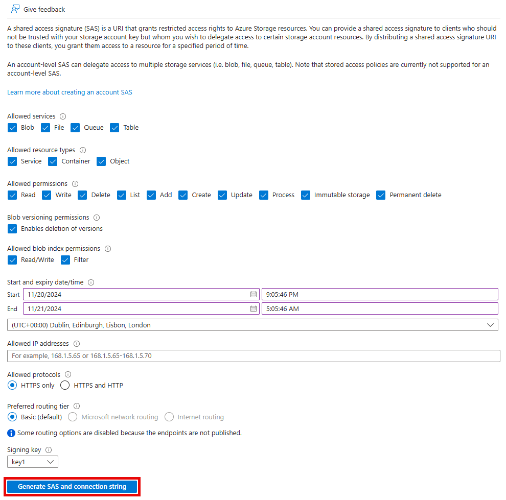Azure Portal Storage account showing the generation of a SAS key highlighted.