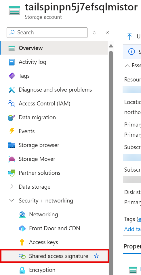 Azure Portal Storage account with Shared access signature option highlighted.