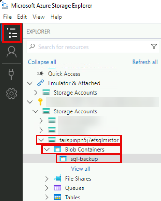 Storage Explorer is displaying the Storage Accounts list with the previously created storage account and the nested Blob Containers tree expanded with the sql-backup container selected.